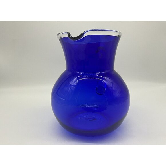Handblown Vintage Pitcher Cobalt Blue and Clear Art Glass Quality Workmanship - Picture 9 of 16